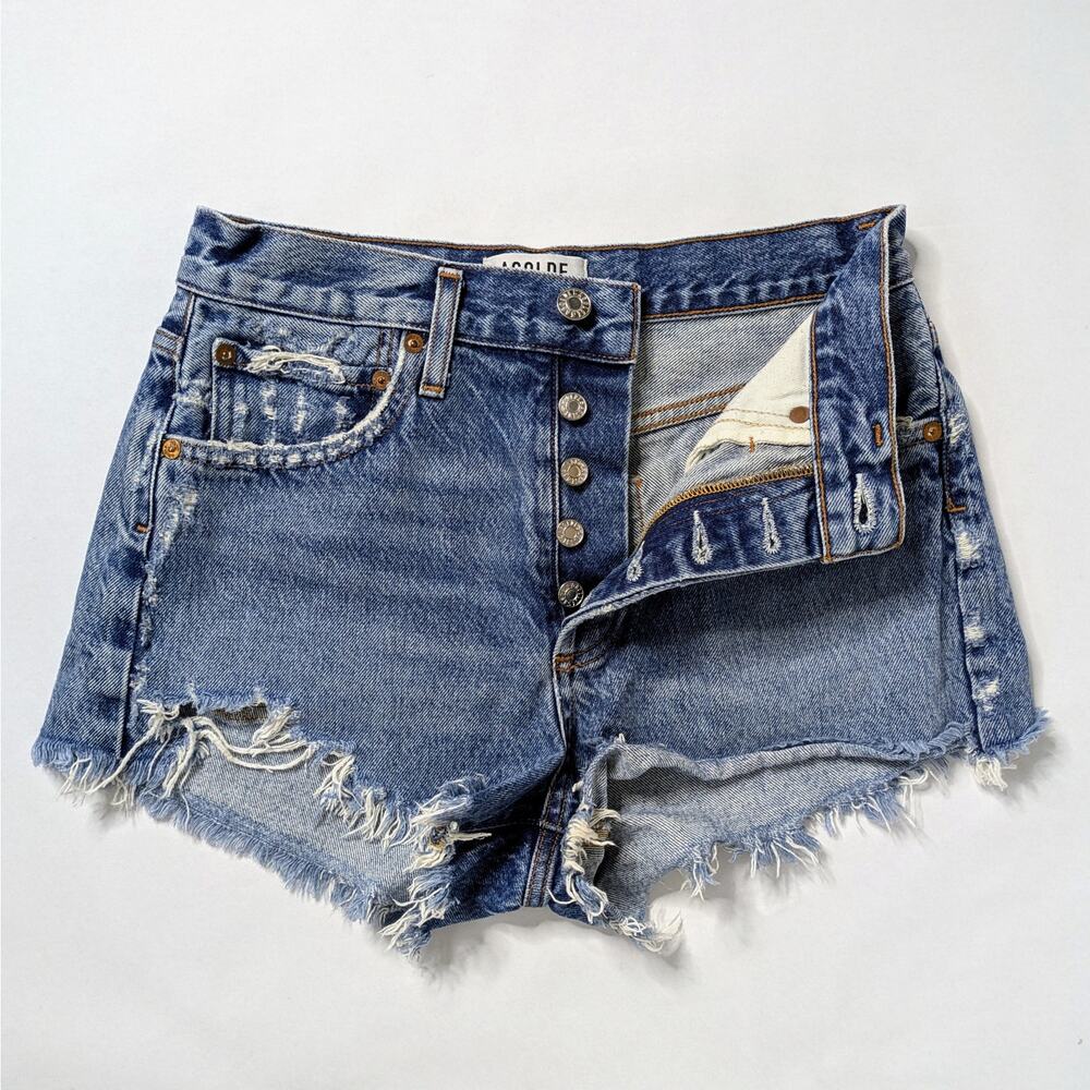 Agolde Parker Shorts 25 Medium Blue 100% Cotton Distressed High Rise - Picture 4 of 8